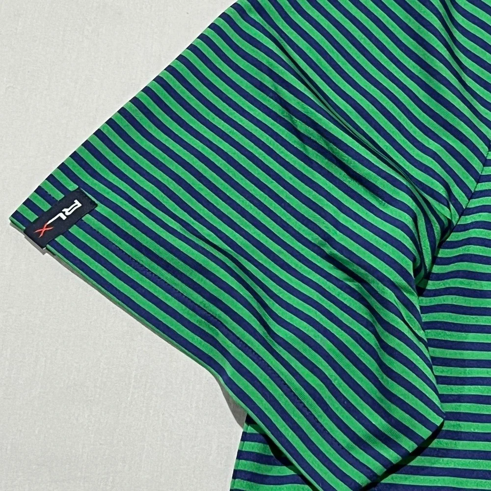 RLX Ralph Lauren Mens Green Blue Striped Chicago Golf Club Polo Shirt Size L